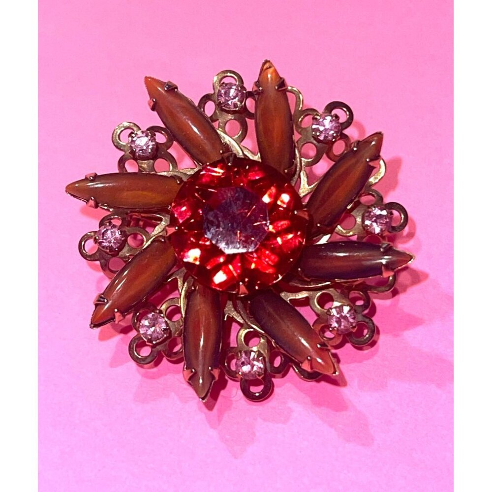 Pink and Gold Tone Retro Floral Brooch Vtg Jewelry Atomic Starburst Type Pattern - Picture 2 of 8